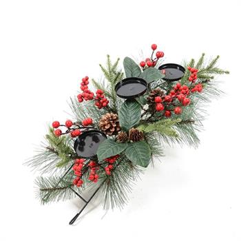 CANDELABRO NATALIZIO 3 FUOCHI CON BACCHE 70 X 30 X H 18 CM