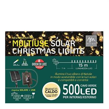 LUCI 500 LED LUCE SOLARE BIANCO CALDO CON PANNELLO 15 MT