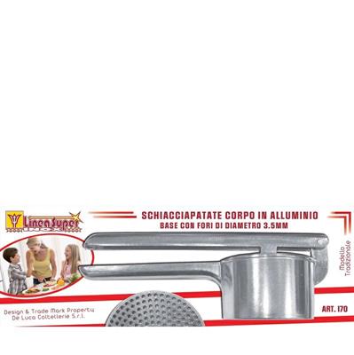 SCHIACCIAPATATE IN ALLUMINIO BASE CON FORI D. 3,5 MM